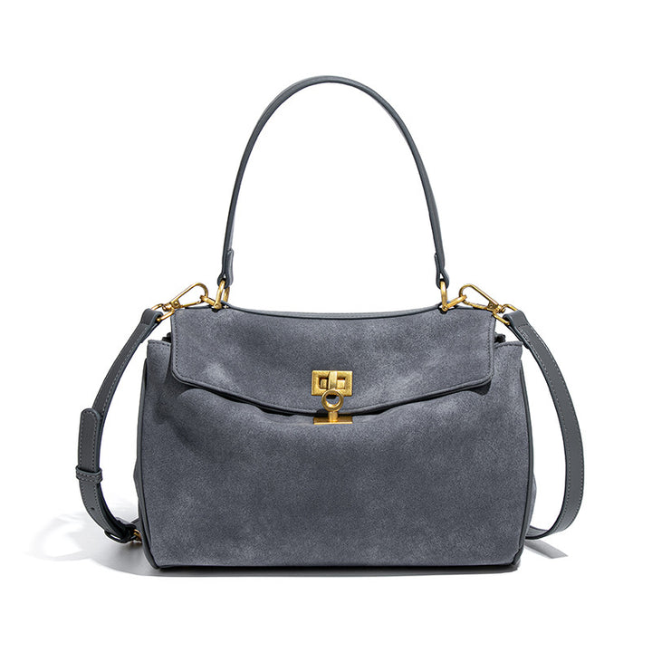 Slate Suede Shoulder Bag with Gold Lock – VÉRONA