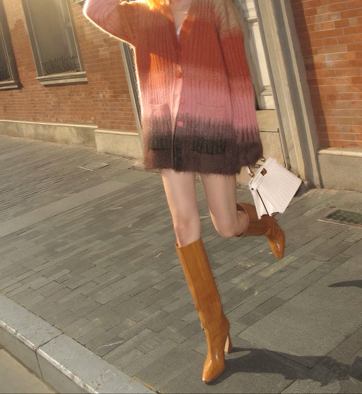 caramel knee-high leather boots with curved heel – SIENNA