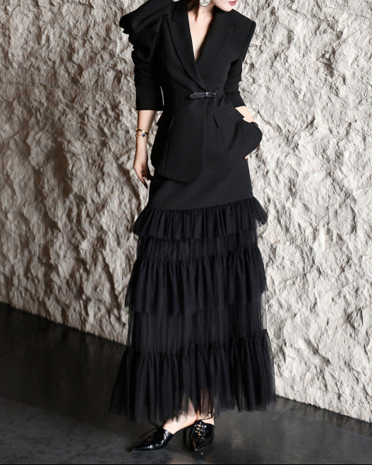 structured ruffle-sleeve blazer set with tiered tulle skirt – AMARANTH
