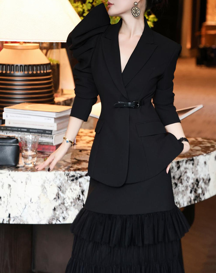 structured ruffle-sleeve blazer set with tiered tulle skirt – AMARANTH