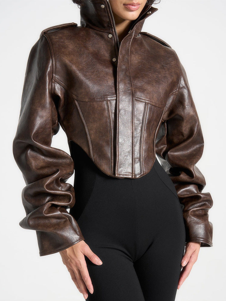 cropped leather jacket with high collar – AERO