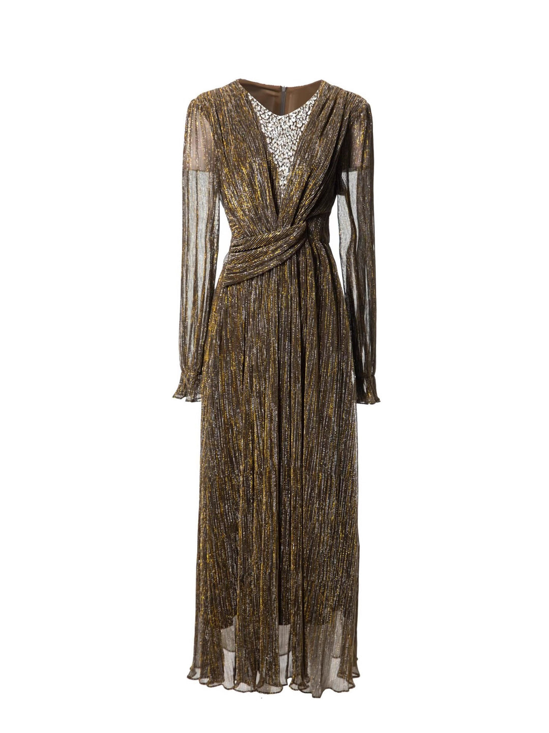 metallic pleated chiffon dress with wrap waist – ADELIA