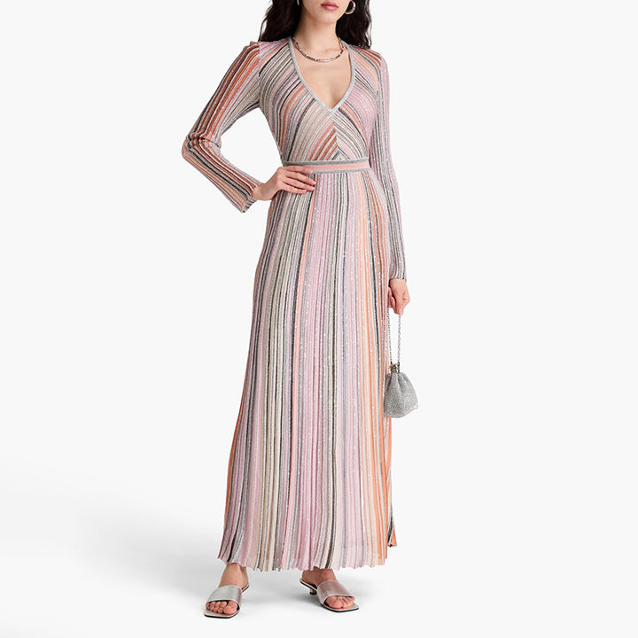 فستان مخطط معدني بأكمام طويلة ومطوي – سيديسبو