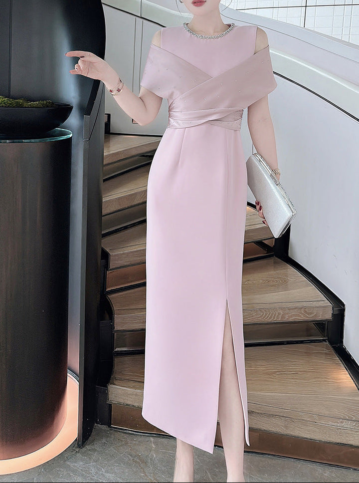 cold-shoulder column dress with satin drape – RUBINA