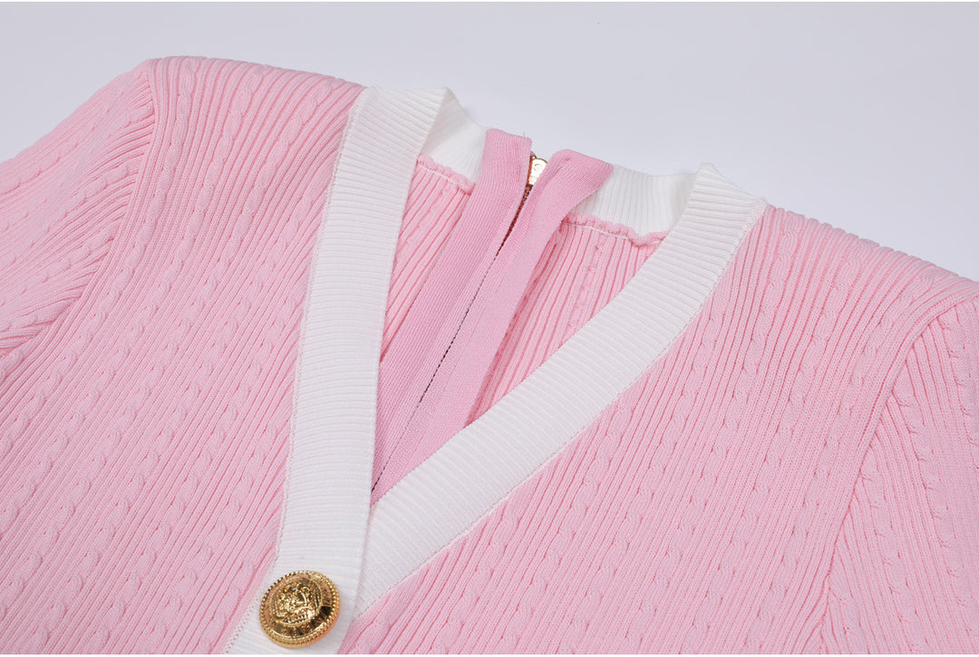 short-sleeve contrast trim dress with gold buttons – CELINERDI