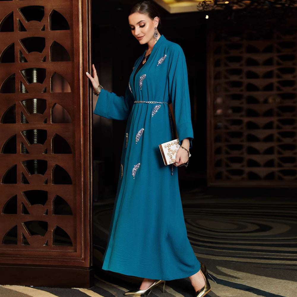 embroidered open-front dress with chain belt - ZAHRANU