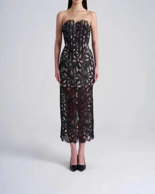 strapless lace midi dress with sheer corset bodice – AURFA