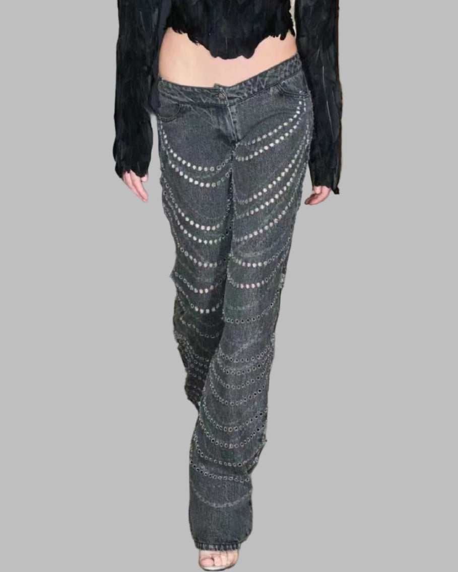 high-waist wide-leg jeans with chain embroidery - NOVAVRU