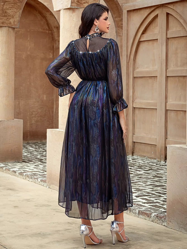 Shimmered Midi Dress with Beaded High Neck – NOCTURNA