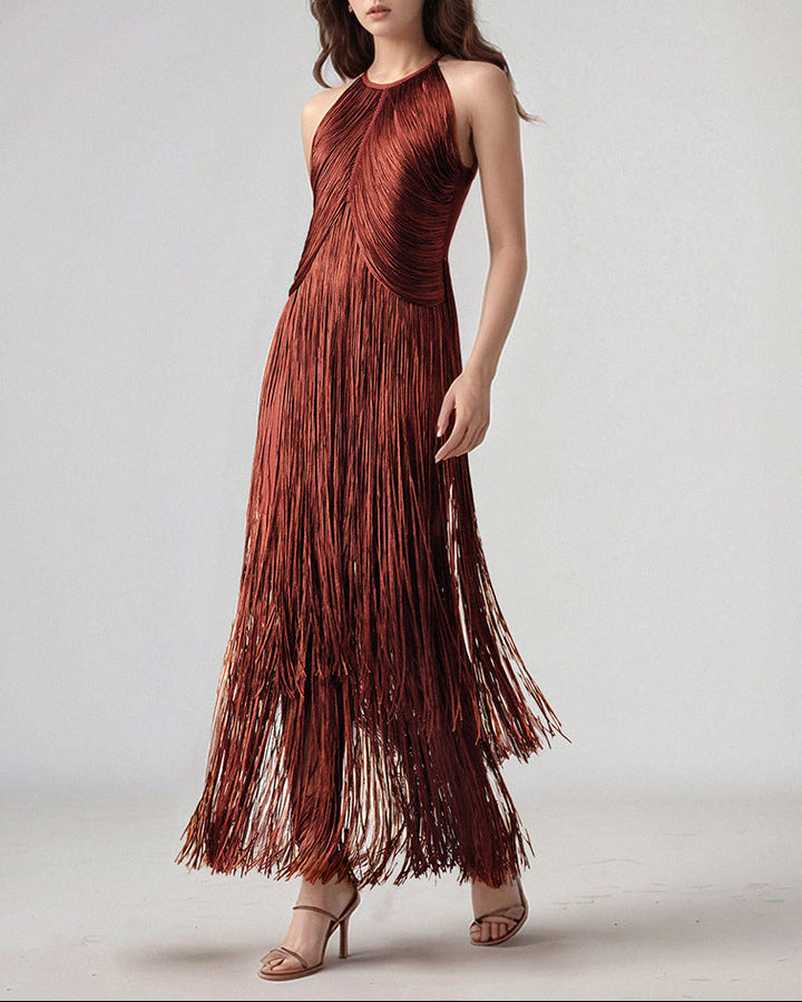 metallic halter fringe gown – SIENNA