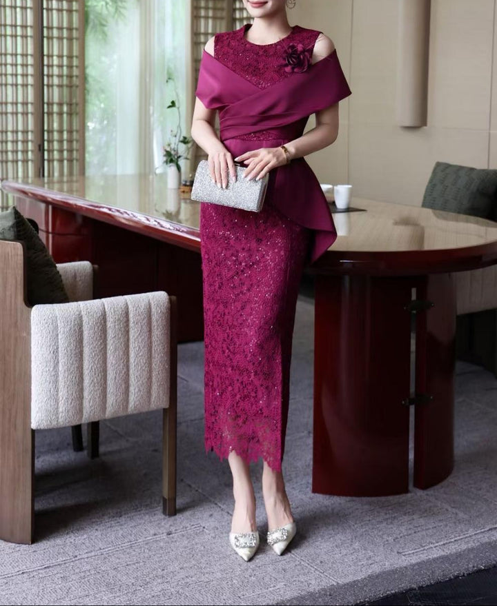 sequined lace dress with sculpted wrap bodice – RENÉ