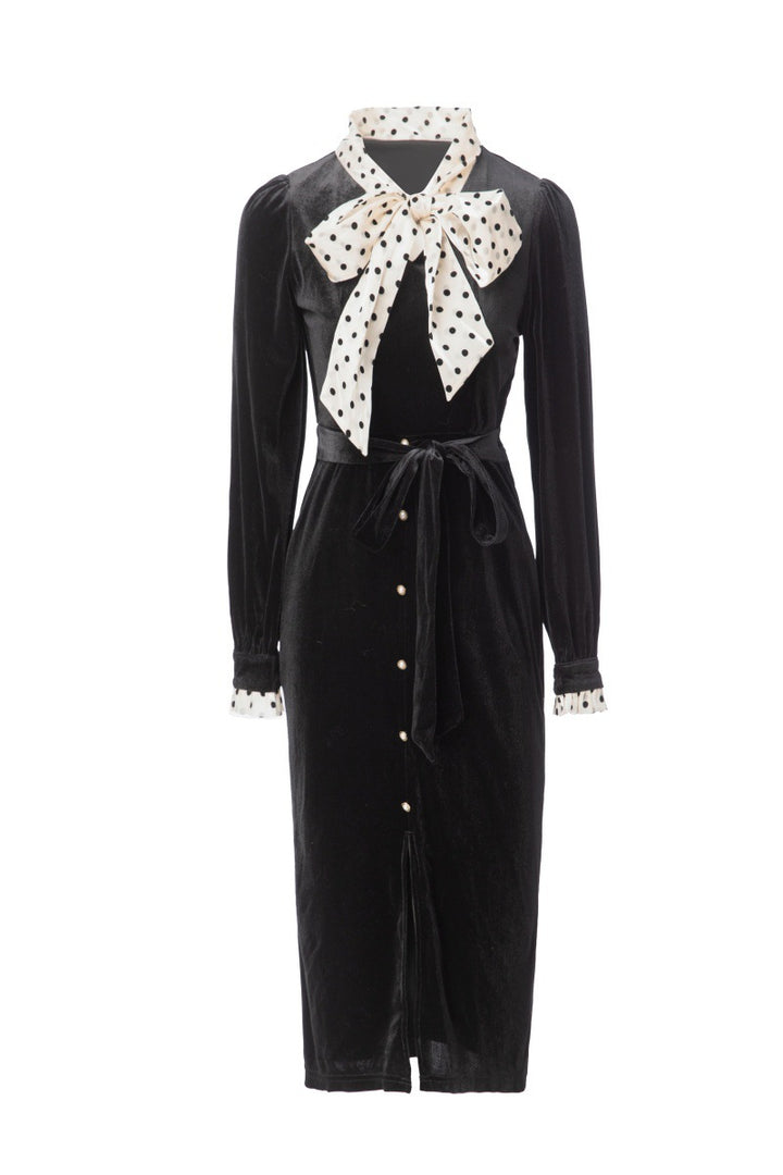 velvet midi dress with polka-dot bow tie – ARCELIA