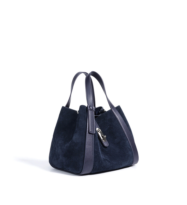 suede tote bag with leather trim and clasp – NOELLEVU