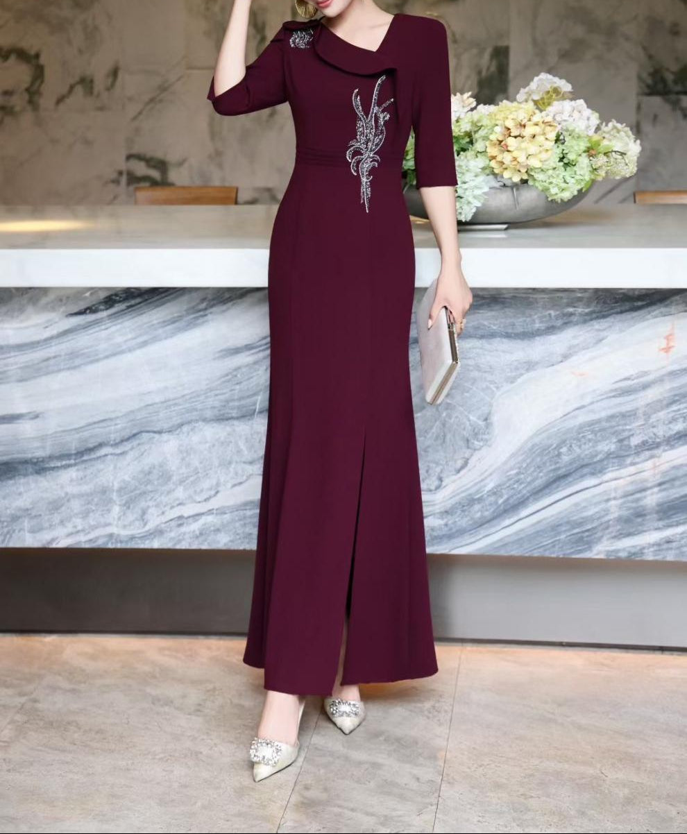 embellished draped-collar mermaid dress – ROYAL FUCHSIA