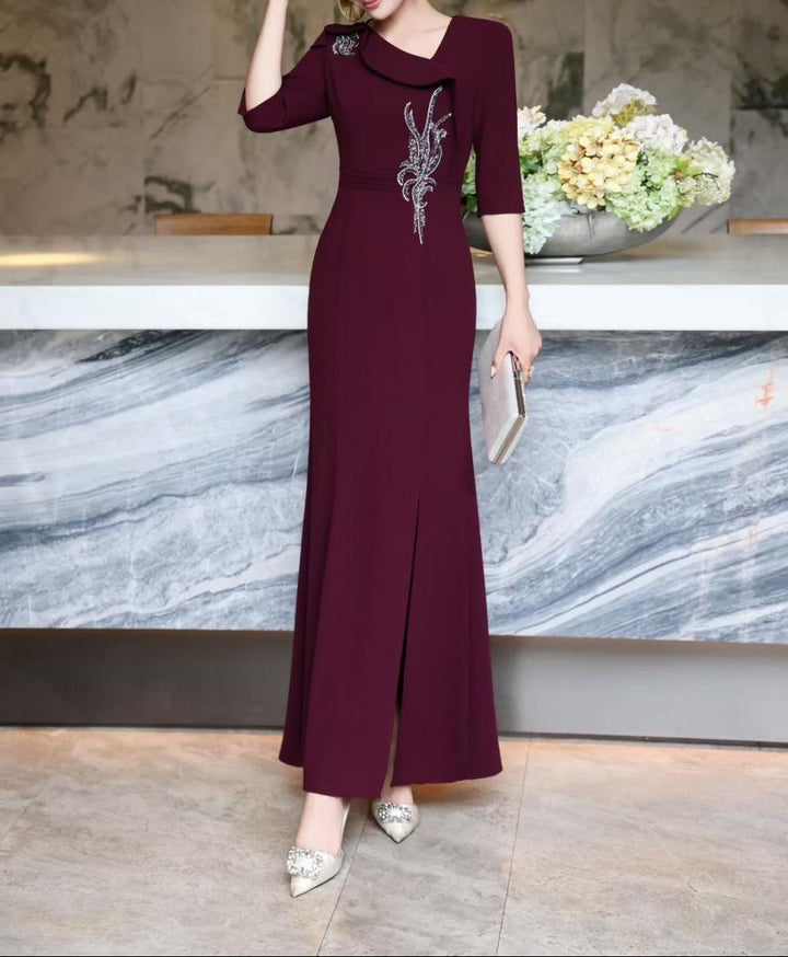 embellished draped-collar mermaid dress – ROYAL FUCHSIA