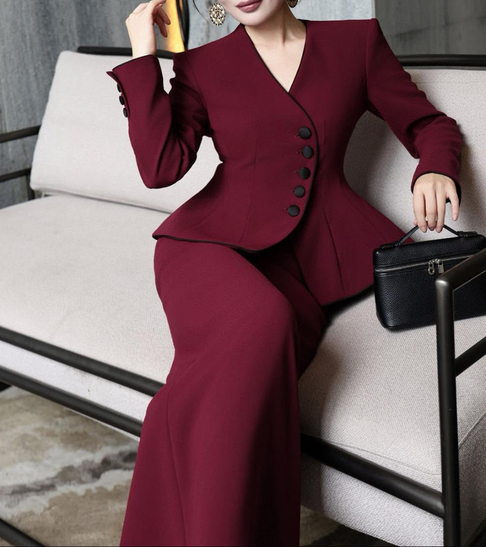 peplum skirt suit with contrast piping – NOIRE