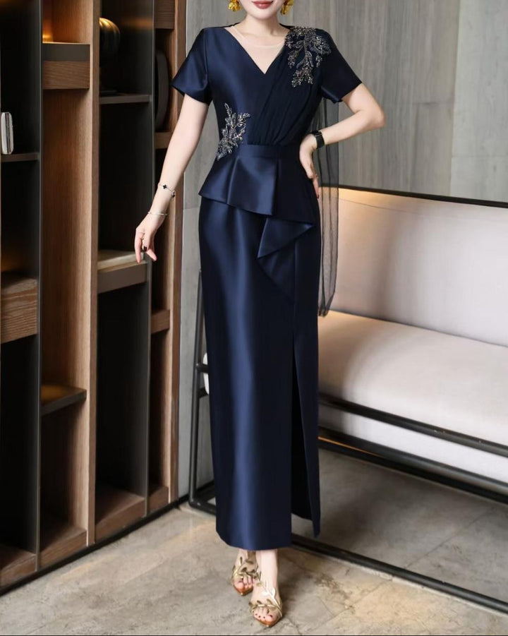 v-neck satin gown with embellished floral drape – NAVIA