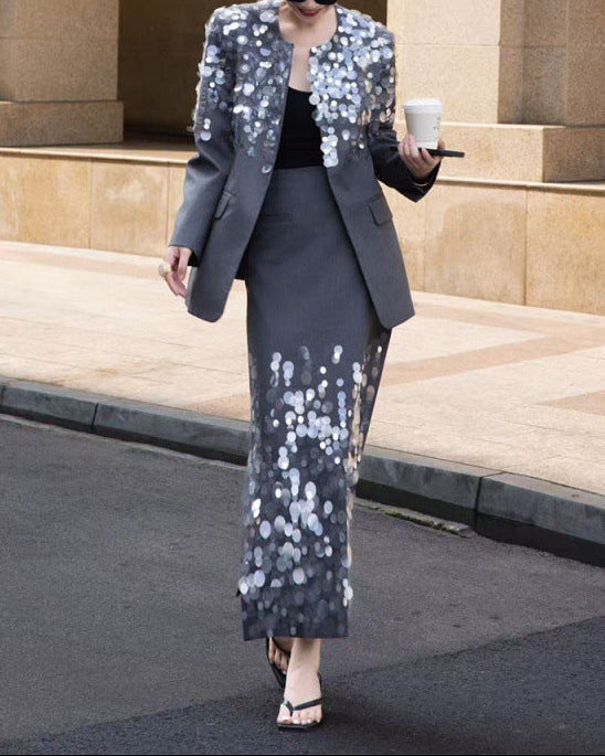 blazer skirt set with silver sequin gradient – NOVA