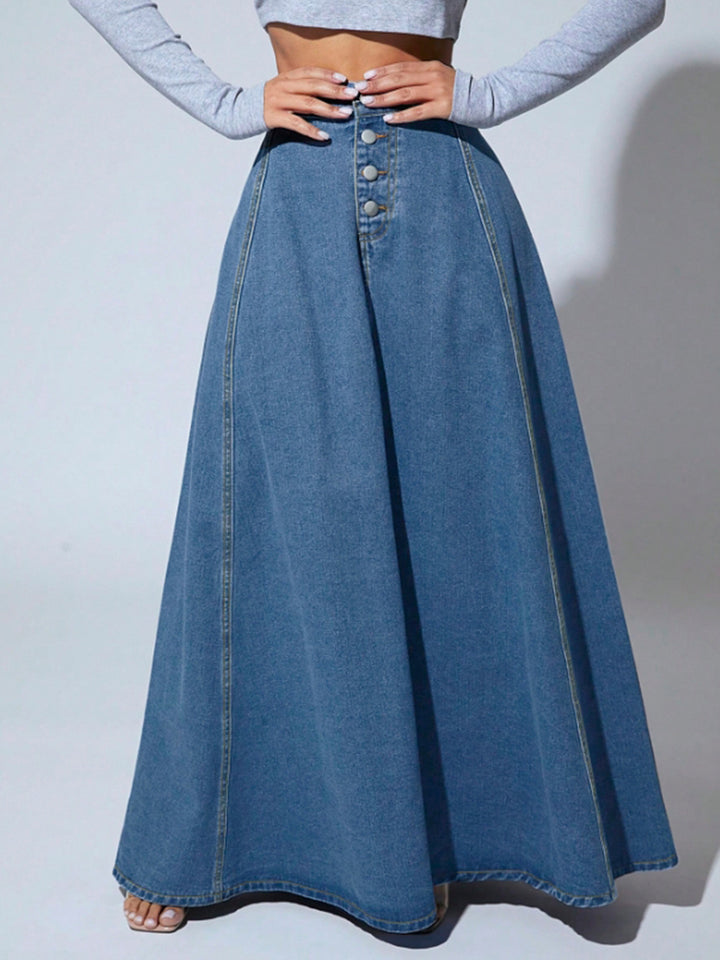 high-waist flared denim maxi skirt with front buttons – MAYA