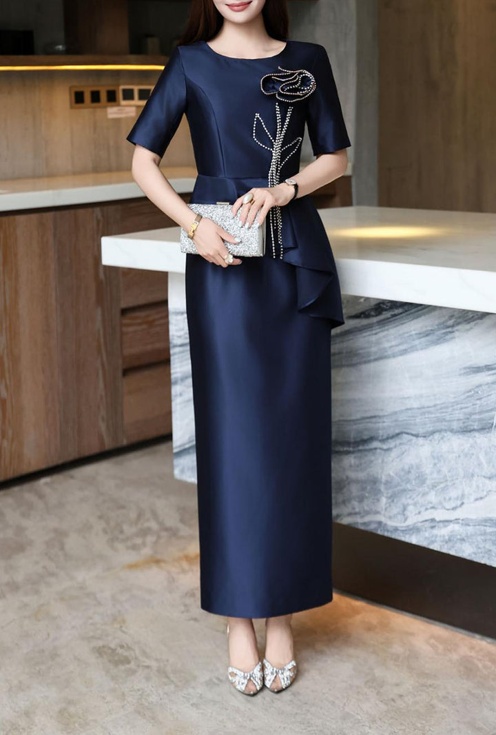 peplum midi dress with beaded floral applique – ASTRID