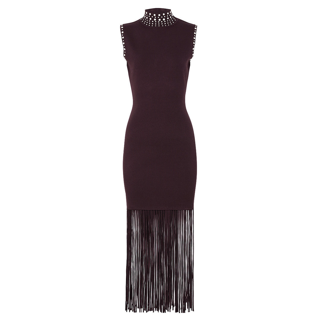 Sleeveless Midi Dress with Embellished High Neck & Fringe Hem – SERENA