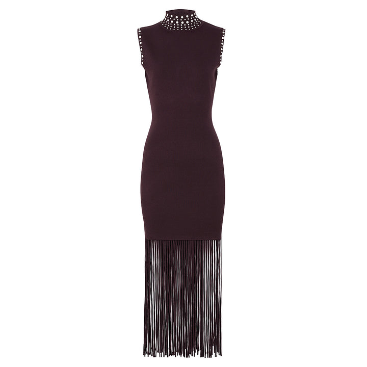 Sleeveless Midi Dress with Embellished High Neck & Fringe Hem – SERENA