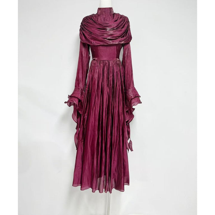 draped satin midi dress with ruffled sleeves – ROSALINE