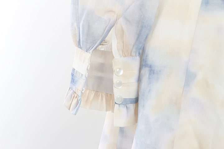 Corset-style midi dress with ruffled neckline and puff sleeves – LUMERA