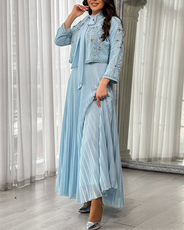 embellished cropped jacket with pleated maxi dress – CELESTE –