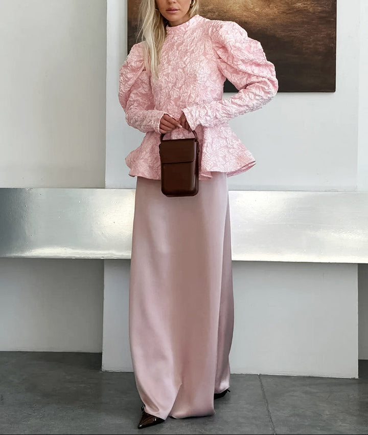 textured peplum blouse with sculpted puff sleeves – OPHELIA