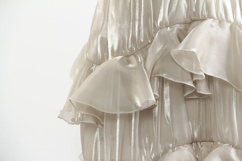 high-waist ruffled satin skirt with asymmetric hem – ELIORA