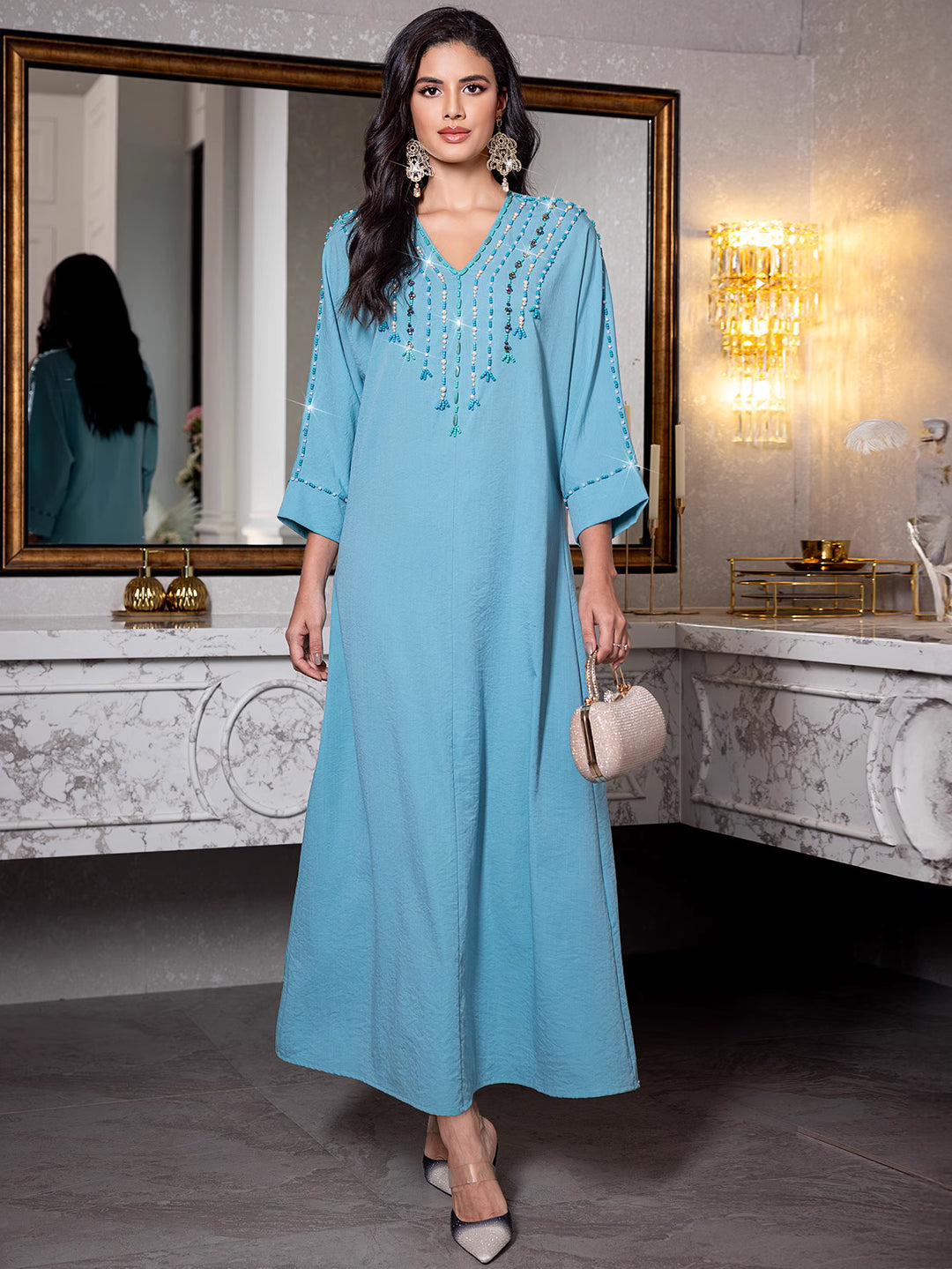 فستان عمودي مستقيم مع فتحة رقبة مزينة بالخرز - يتمتع
