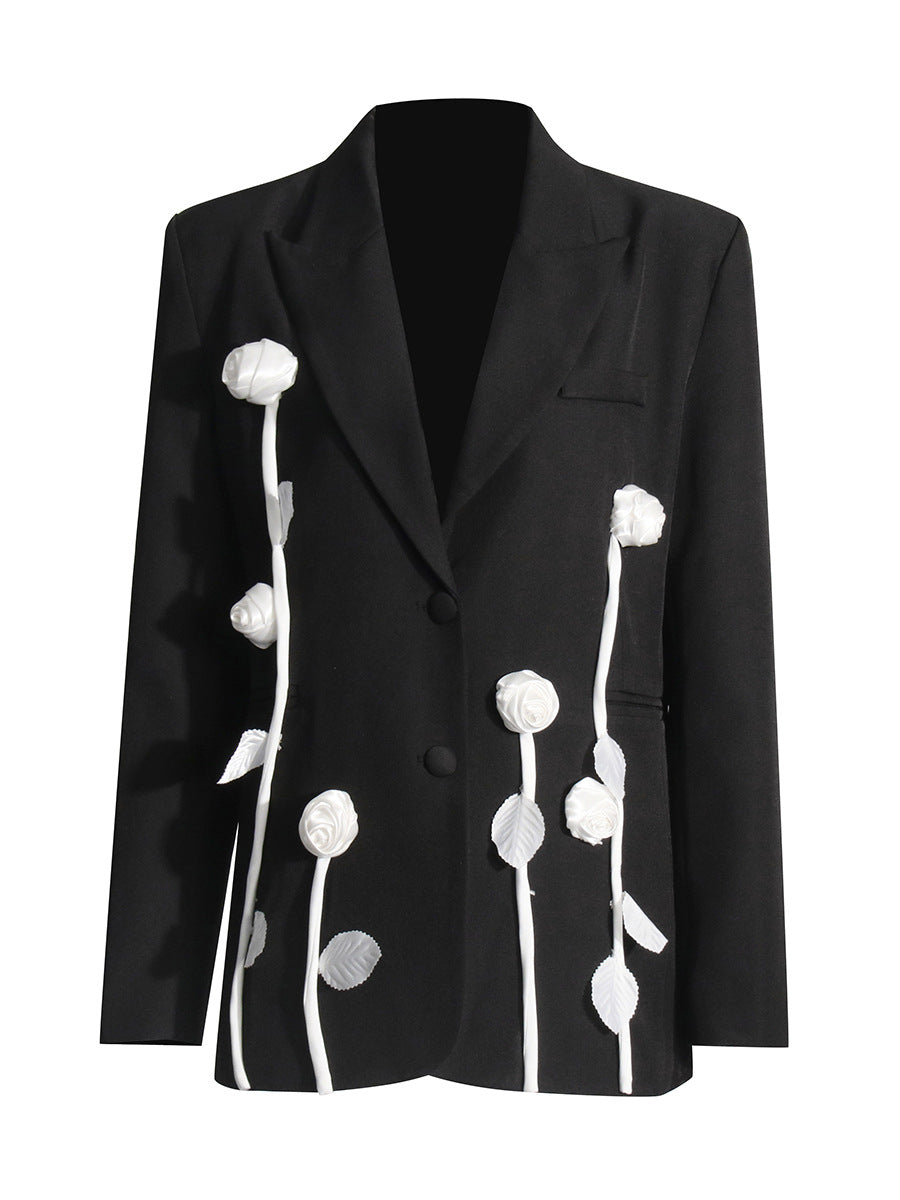 floral appliqué tailored blazer with 3D roses – NOIRB