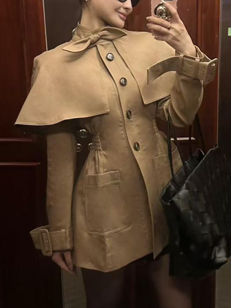 tailored coat with cape overlay and bow neckline – AMBER