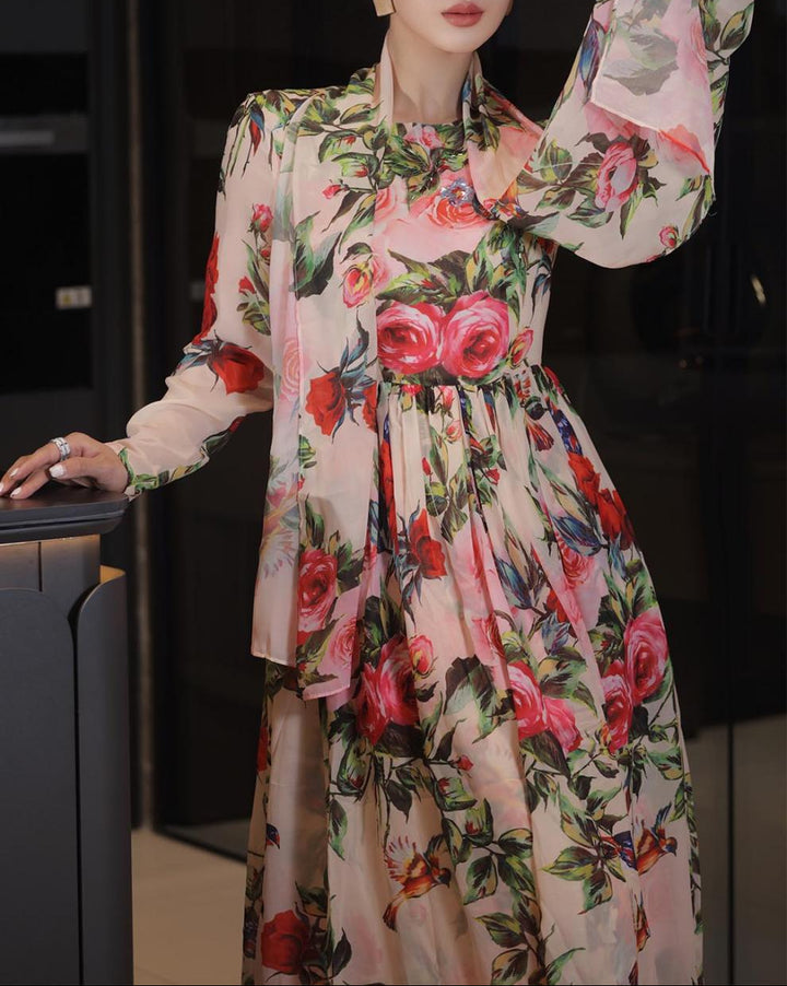 long-sleeve floral chiffon gown with pleated skirt – AMORA