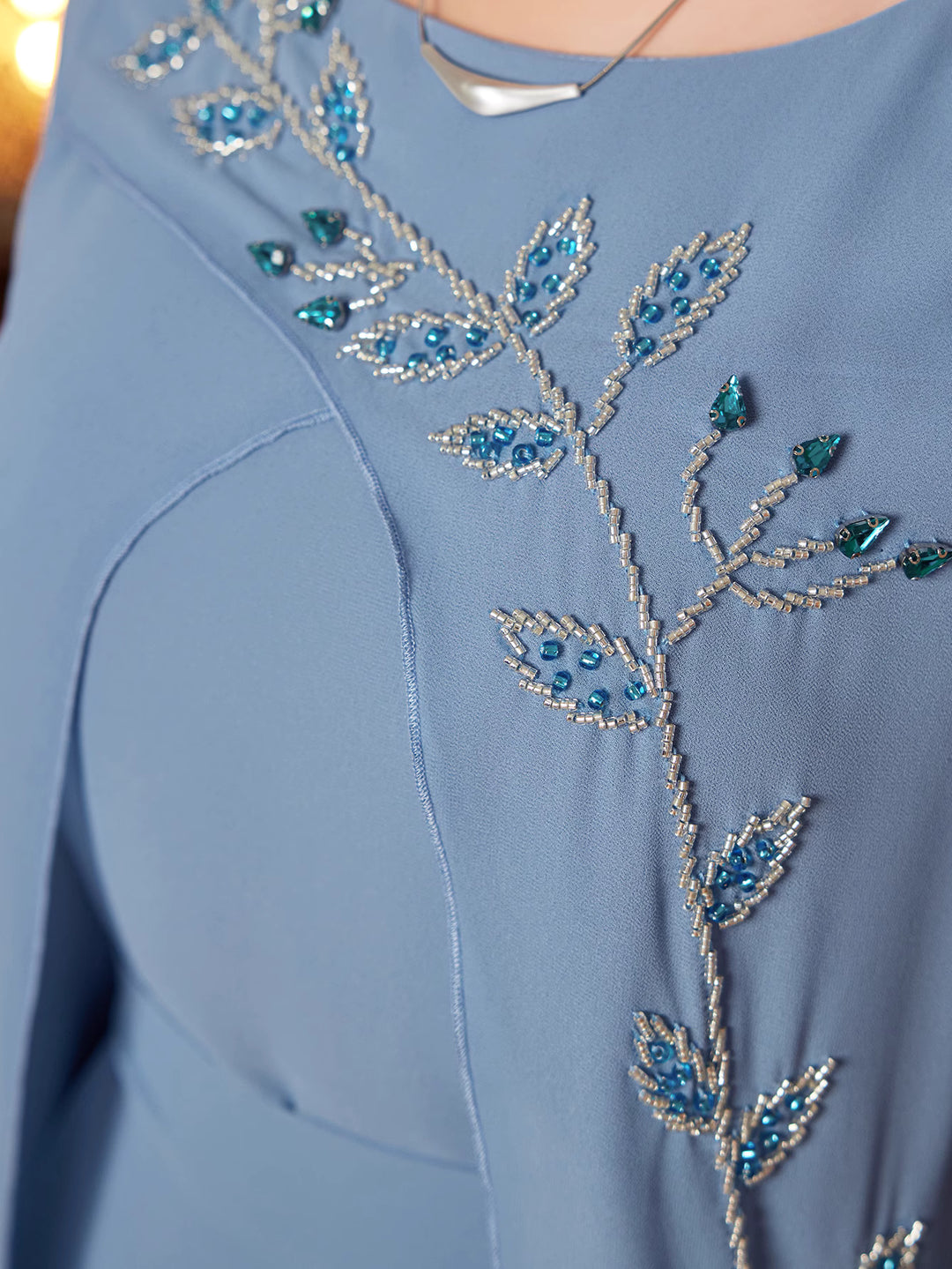 embroidered flare sleeve dress with draped waist - NOURALU