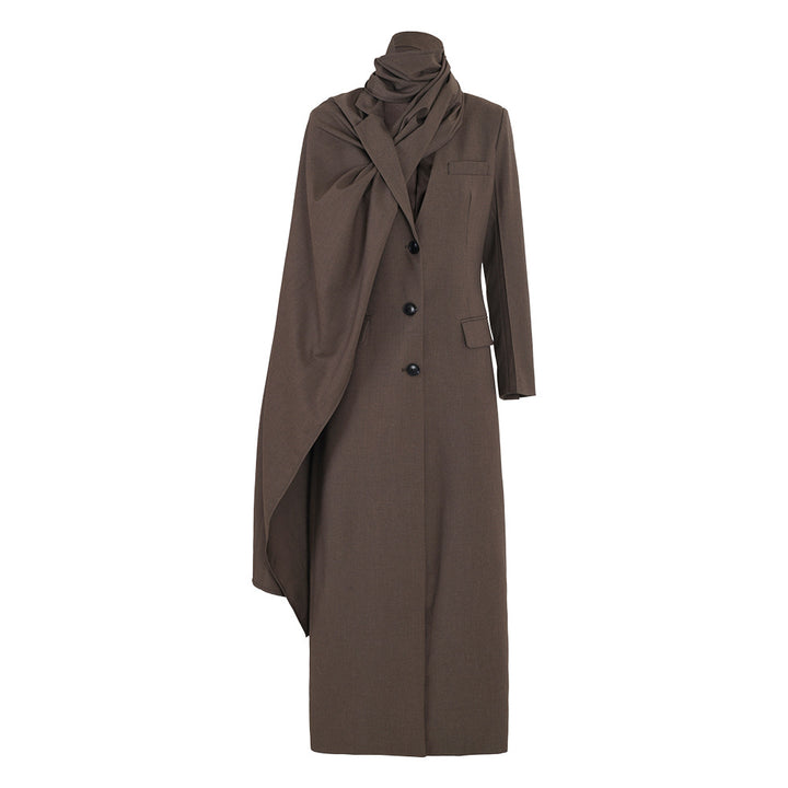 draped scarf-detail tailored long coat – VELORA
