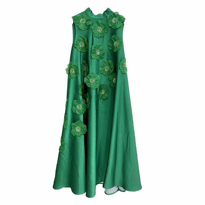 فستان ماكسي بدون أكمام بتصميم حرف A مع زخارف نباتية ثلاثية الأبعاد – زهر