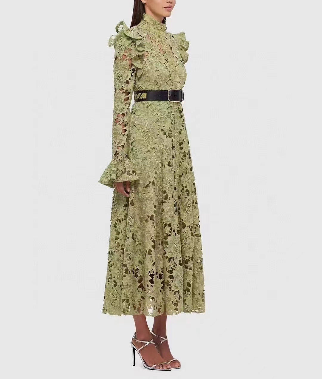 long-sleeve lace midi dress with ruffled shoulders – IVORIE