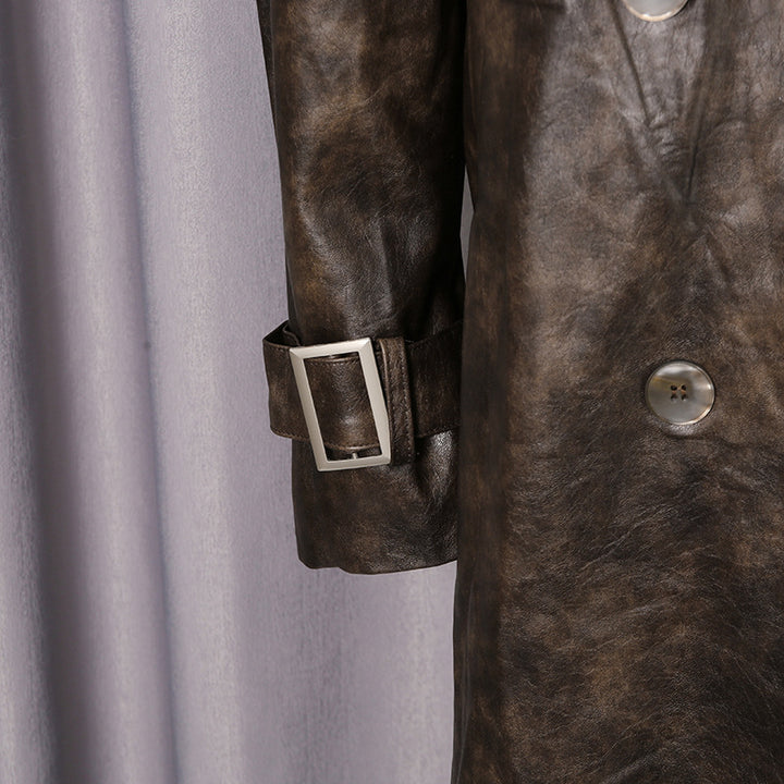 معطف ترنش جلدي مزدوج الصدر بياقة عريضة – نوار