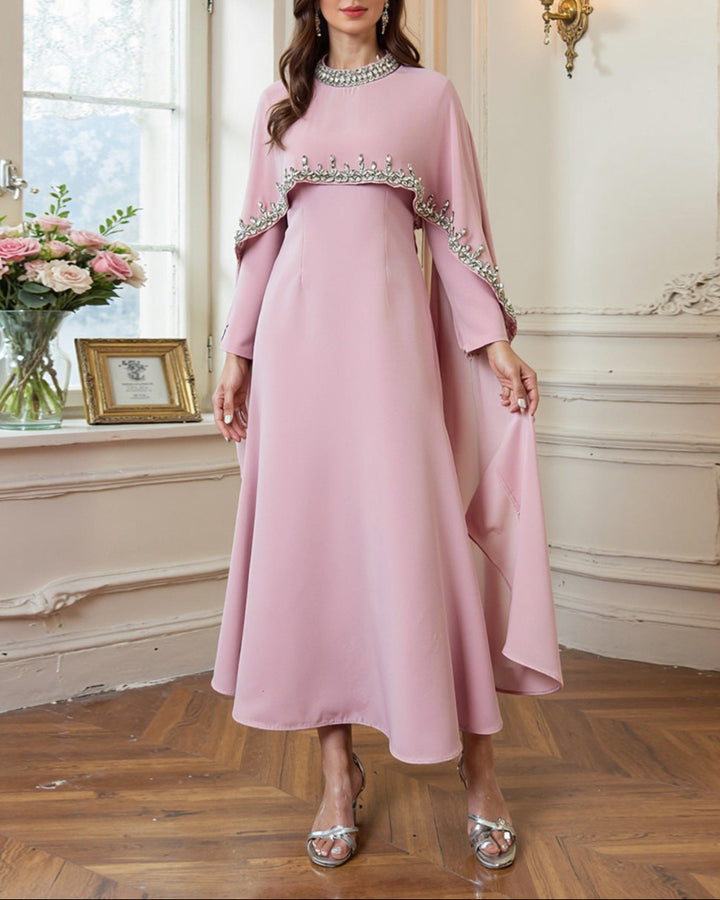 long-sleeve flare dress with embellished cape – AMARAIL
