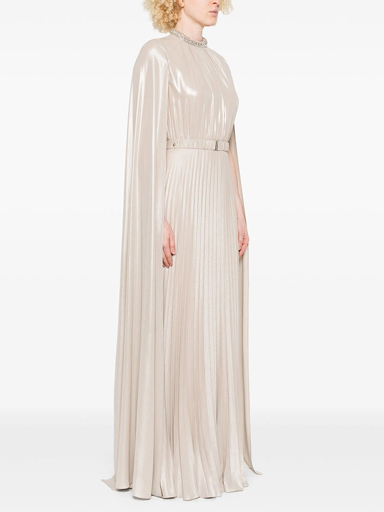 Pleated Cape Maxi Dress with Embellished Neckline – HAGRAS
