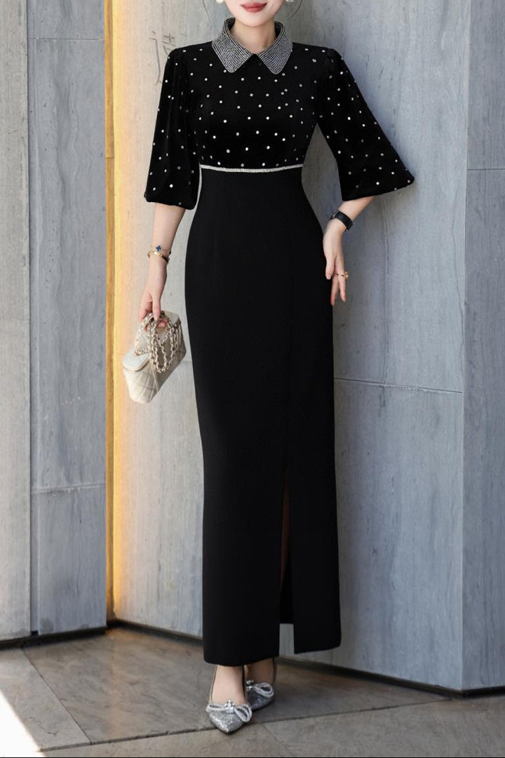 black velvet maxi dress with embellished collar–polka