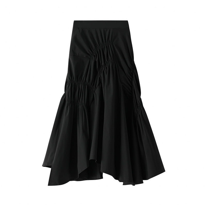 asymmetric ruched midi skirt with draped panels – SOLENE