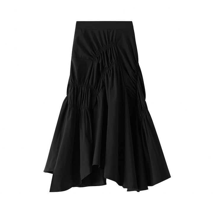 asymmetric ruched midi skirt with draped panels – SOLENE