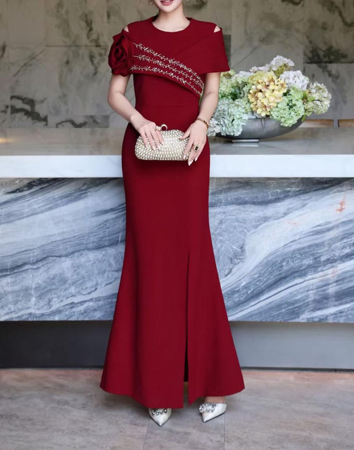 asymmetric embellished shoulder gown – AMARA