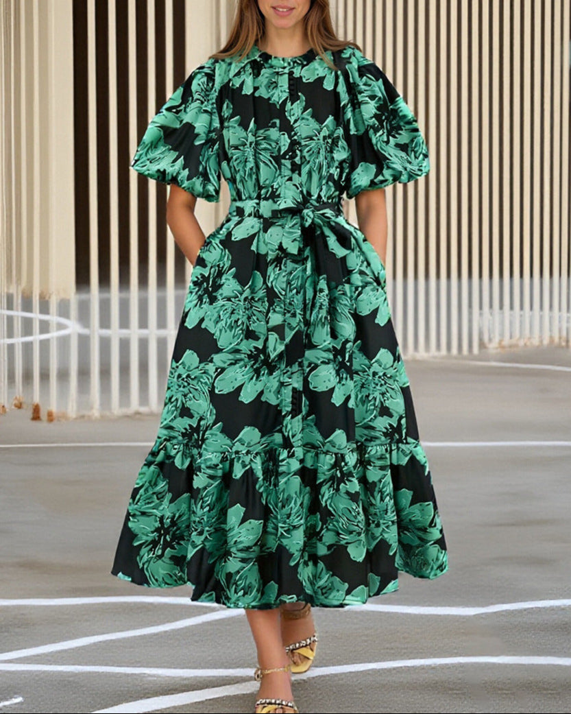 puff-sleeve floral midi dress with belted waist – IVYNZI