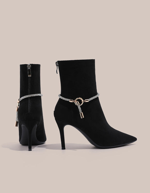 pointed-toe suede ankle boots with metallic ring detail – ARIADI