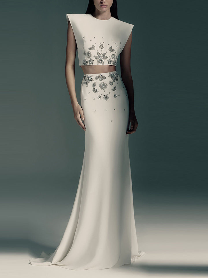 embellished sleeveless crop top & maxi skirt set – IVORY