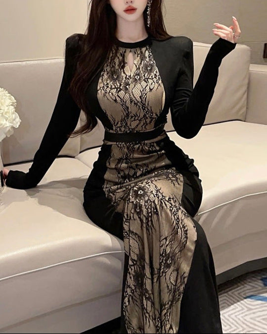 long-sleeve lace panel midi dress with contrast trim – SERENA